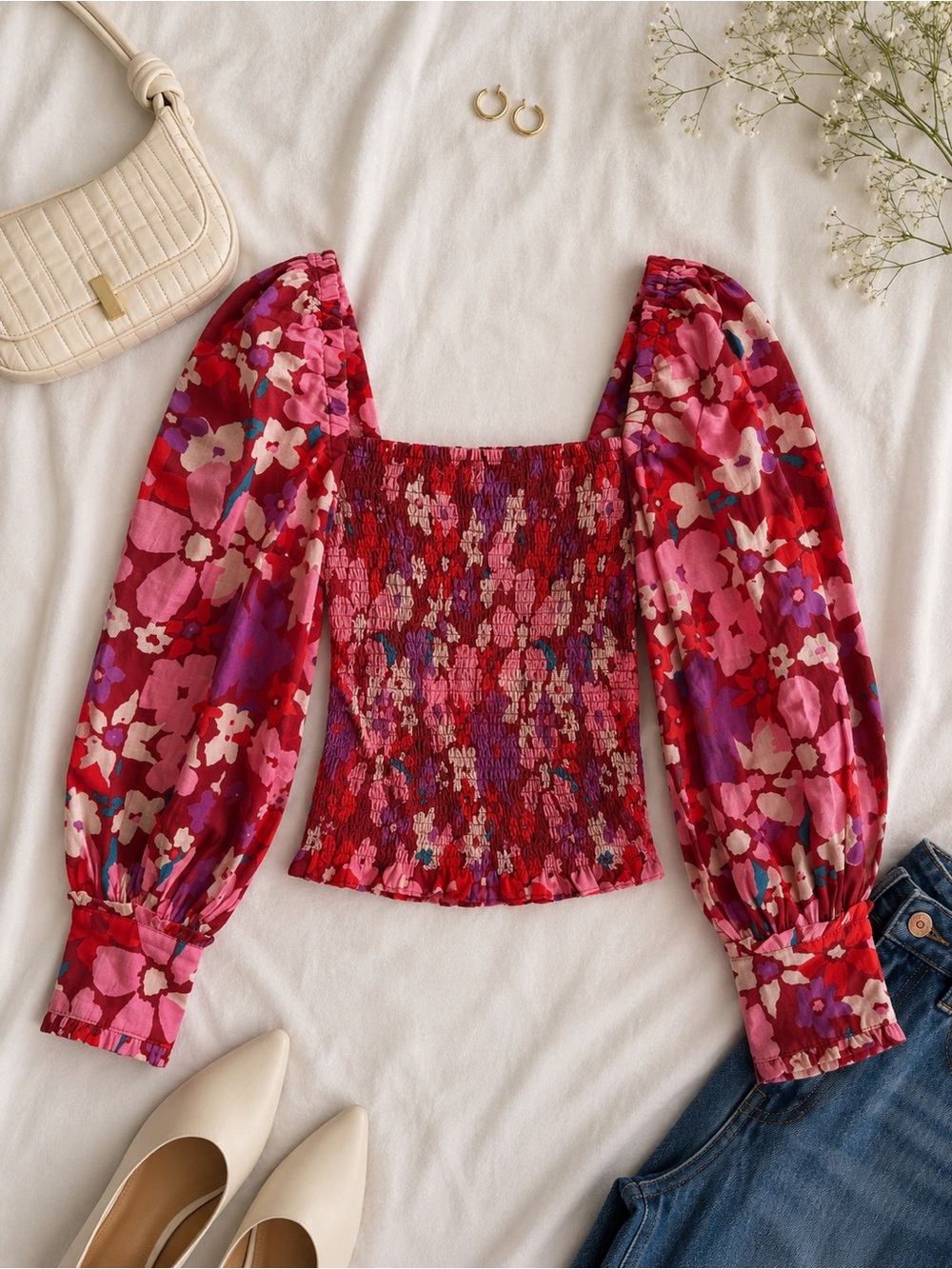 Free People Floral Smocked Square-Neck Blouse - Red, Pink, Purple